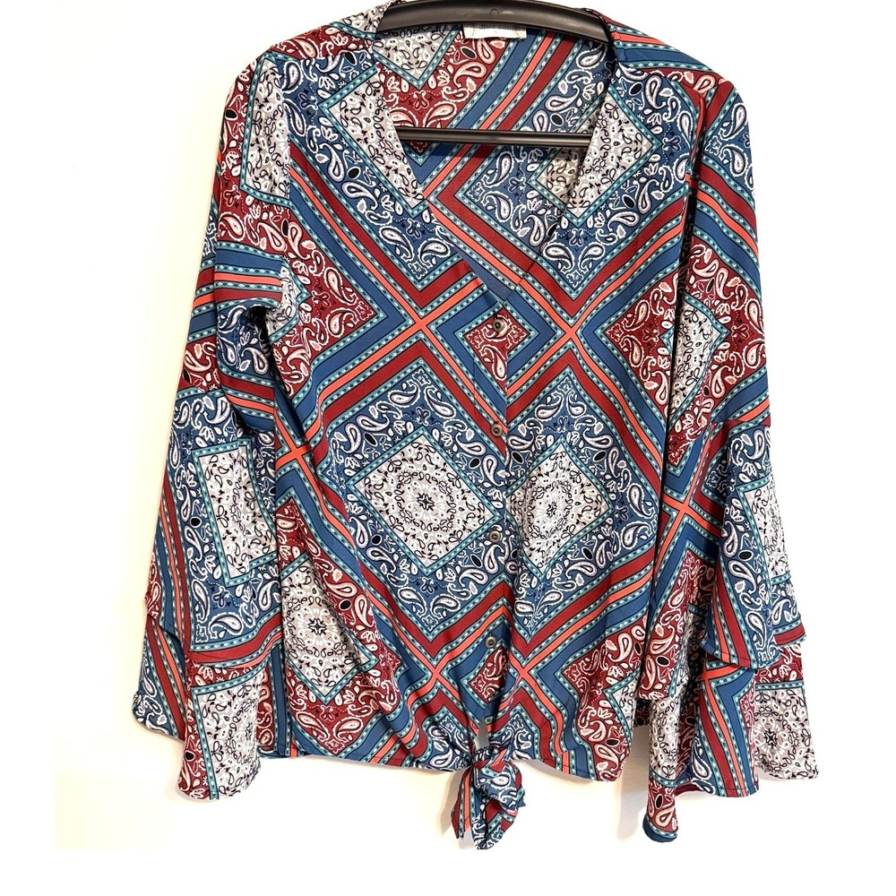 Altar'd State Paisley Patchwork Bell Sleeve Tie Front Top M Festival Peasant